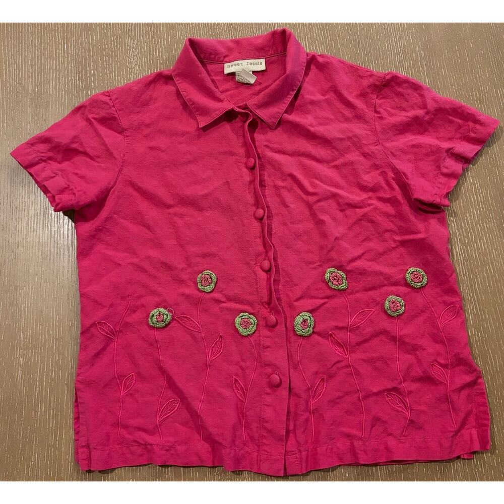 Sweet Jessie Women's Pink Linen Blend Embroidered Button‎ Down Shirt Size 10 Y2K